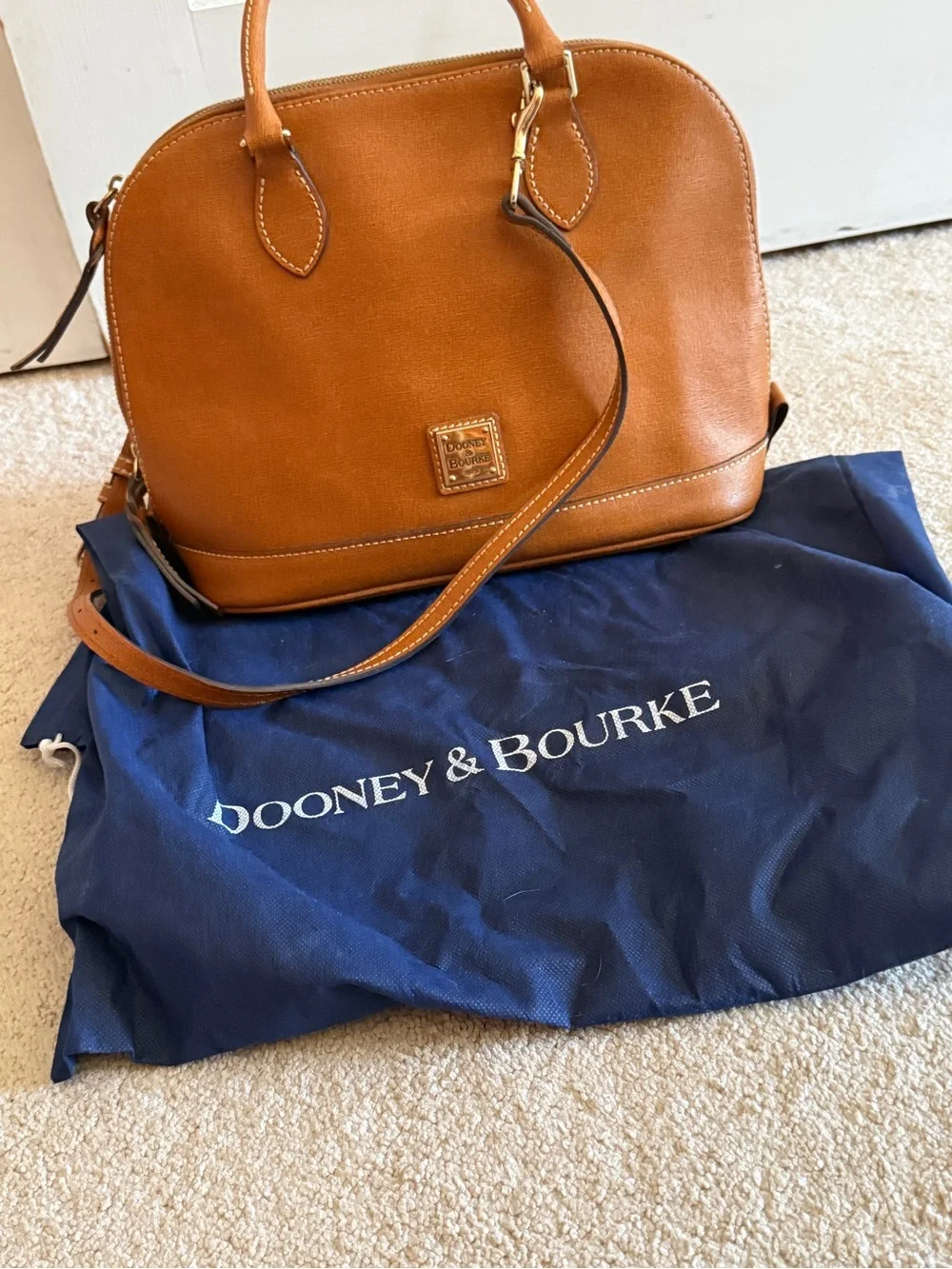 Dooney & Bourke Cognac Leather Dome Satchel with Navy Dust Bag
